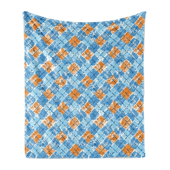 Retro Soft Flannel Fleece Throw Blanket, Grungy Design of Argyle Inspired Pattern Classic Checkered Scenery, Cozy Plush for Indoor and Outdoor Use, 60" x 80", Blue Baby Blue, by Ambesonne
