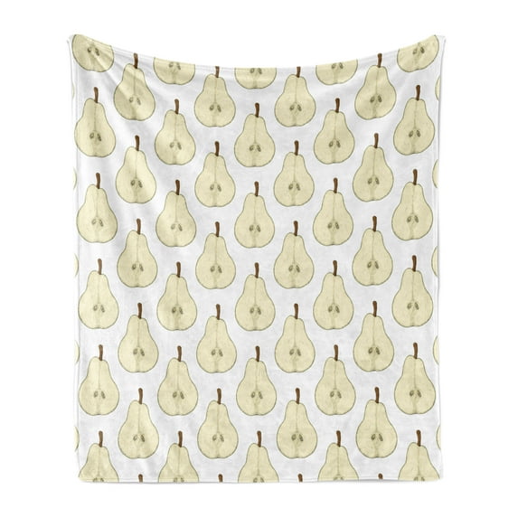 Retro Soft Flannel Fleece Throw Blanket, Halved Pear Pattern Detailed Sketchy Repetition in Symmetric Design, Cozy Plush for Indoor and Outdoor Use, 60" x 80", Brown Eggshell and White, by Ambesonne