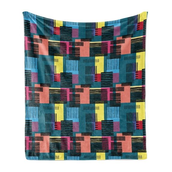 Retro Soft Flannel Fleece Throw Blanket, Hand Drawn Vintage Composition of Geometric Shapes Squares Rectangles and Stripes, Cozy Plush for Indoor and Outdoor Use, 70" x 90", Multicolor, by Ambesonne