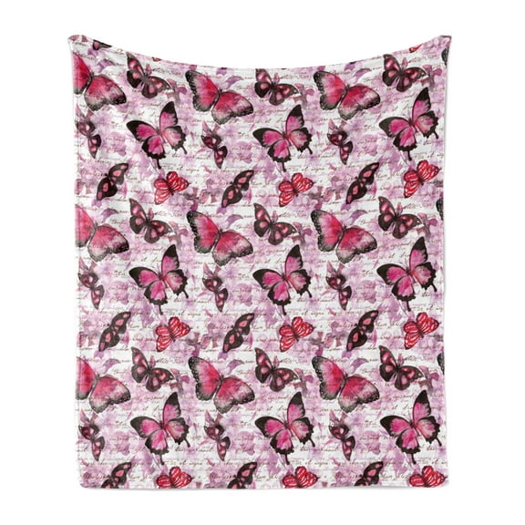 Retro Soft Flannel Fleece Throw Blanket, Hazy Butterflies on Nostalgic Background Classic Paintbrush Design Print, Cozy Plush for Indoor and Outdoor Use, 60" x 80", Black Lilac Pink, by Ambesonne