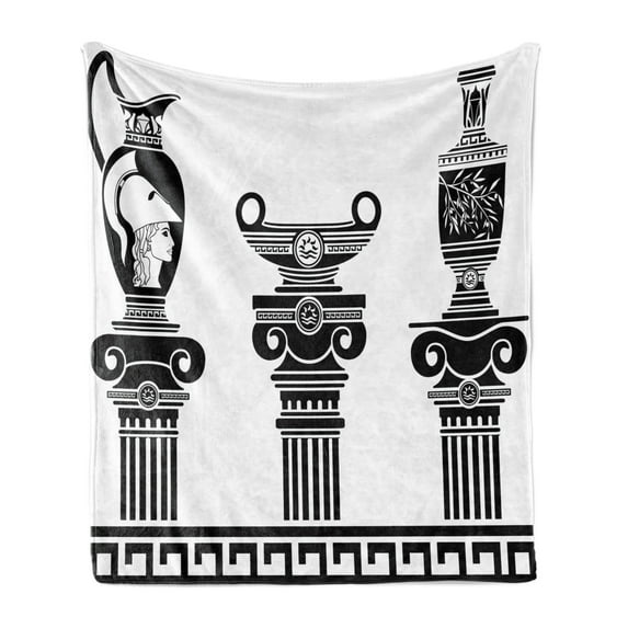 Retro Soft Flannel Fleece Throw Blanket, Hellenic Vases and Ionic Columns Design Amphora Antiquity Culture, Cozy Plush for Indoor and Outdoor Use, 50" x 60", Black and White, by Ambesonne