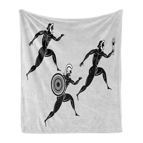 Retro Soft Flannel Fleece Throw Blanket, Historical Spartan Runners Antique Body Heritage Illustration, Cozy Plush for Indoor and Outdoor Use, 70" x 90", Pale Grey Black, by Ambesonne