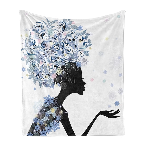 Retro Soft Flannel Fleece Throw Blanket, Illustration of a Flower Haired Girl and Snowflakes Design Pattern Print, Cozy Plush for Indoor and Outdoor Use, 50" x 60", Slate Blue and Black, by Ambesonne