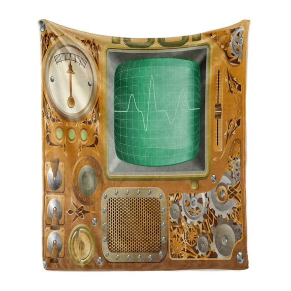 Retro Soft Flannel Fleece Throw Blanket, Industrial Victorian Style Grunge Steampunk TV Gauger Retro Clockwork, Cozy Plush for Indoor and Outdoor Use, 50" x 60", Orange Green Pale Grey, by Ambesonne