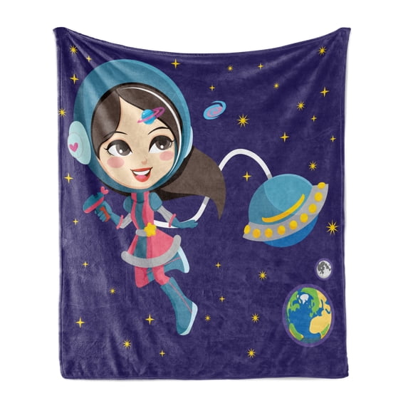 Retro Soft Flannel Fleece Throw Blanket, Little Girl Exploring Space with Cosmic Fashion Galactic Adventure Kids Cartoon, Cozy Plush for Indoor and Outdoor Use, 50" x 70", Multicolor, by Ambesonne