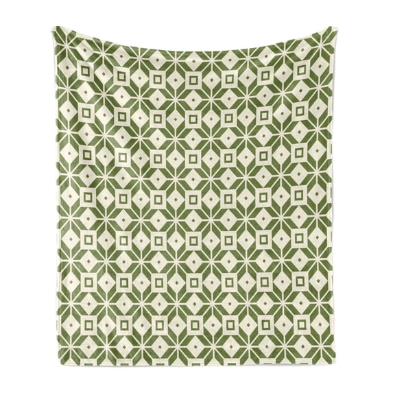 Retro Soft Flannel Fleece Throw Blanket, Minimalist Style Repeating Square Tiles and Intersecting Lines Print, Cozy Plush for Indoor and Outdoor Use, 50" x 70", Olive Green and Eggshell, by Ambesonne