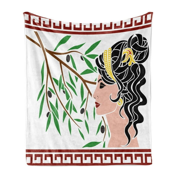 Retro Soft Flannel Fleece Throw Blanket, Mythological Aphrodite Profile and Olive Branch Greek Borders Framework Print, Cozy Plush for Indoor and Outdoor Use, 70" x 90", Multicolor, by Ambesonne