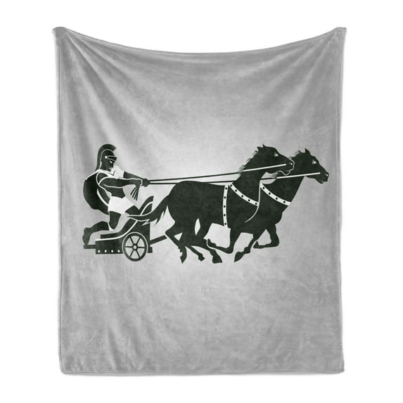 Retro Soft Flannel Fleece Throw Blanket, Mythological Chariot Gladiator with Horse Traditional Greek Culture Image, Cozy Plush for Indoor and Outdoor Use, 50" x 70", Dimgrey Black, by Ambesonne