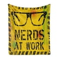 thumbnail image 1 of Retro Soft Flannel Fleece Throw Blanket, Nerds at Work Grunge Fictional Sign Glasses Hazard Stripes Work Hard Theme, Cozy Plush for Indoor and Outdoor Use, 60" x 80", Yellow Black Green, by Ambesonne, 1 of 5