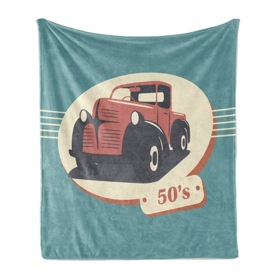 Retro Soft Flannel Fleece Throw Blanket, Nostalgic Antique Classic Vehicles Old is New Again Illustration Print, Cozy Plush for Indoor and Outdoor Use, 50" x 60", Red Yellow Teal, by Ambesonne