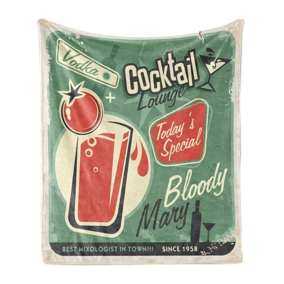 Retro Soft Flannel Fleece Throw Blanket, Nostalgic Poster Bar Art for Today's Special Famous Cocktail Bloody Drink and Vodka, Cozy Plush for Indoor and Outdoor Use, 50" x 60", Green Red, by Ambesonne