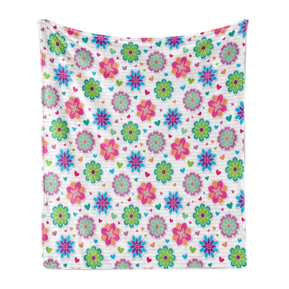 Retro Soft Flannel Fleece Throw Blanket, Notebook Style Backdrop with Lively Colored Chamomile Flowers and Little Hearts, Cozy Plush for Indoor and Outdoor Use, 60" x 80", Multicolor, by Ambesonne