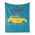thumbnail image 1 of Retro Soft Flannel Fleece Throw Blanket, Old Cab Car with Grunge Taxi Typography Automobile 90s Graphic Design, Cozy Plush for Indoor and Outdoor Use, 50" x 70", Petrol Blue Yellow, by Ambesonne, 1 of 5