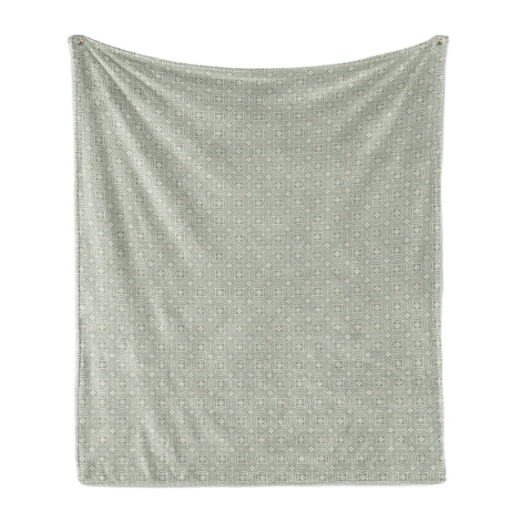 Retro Soft Flannel Fleece Throw Blanket, Old Fashioned Mosaic Tile Pattern with Geometric Elements and Flowers, Cozy Plush for Indoor and Outdoor Use, 50" x 70", Reseda Green and Beige, by Ambesonne