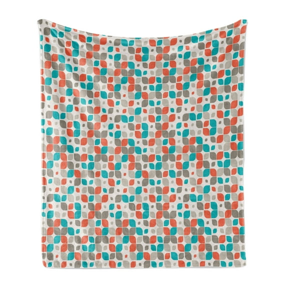 Retro Soft Flannel Fleece Throw Blanket, Old Fashioned Style Abstract Mosaic Grid Inspired Floral Pattern Classical, Cozy Plush for Indoor and Outdoor Use, 50" x 60", Grey Turquoise Red, by Ambesonne
