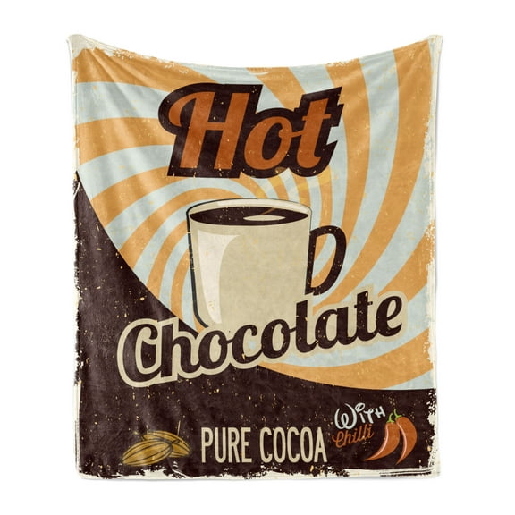 Retro Soft Flannel Fleece Throw Blanket, Old Hot Chocolate Commercial in Funky Shaded Color with Cocoa Beans and Mug Print, Cozy Plush for Indoor and Outdoor Use, 70" x 90", Multicolor, by Ambesonne
