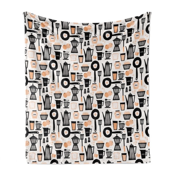 Retro Soft Flannel Fleece Throw Blanket, Old School Vintage Kitchen Utensils and Oranges and Eggs, Cozy Plush for Indoor and Outdoor Use, 50" x 70", Charcoal Grey Pale Peach, by Ambesonne