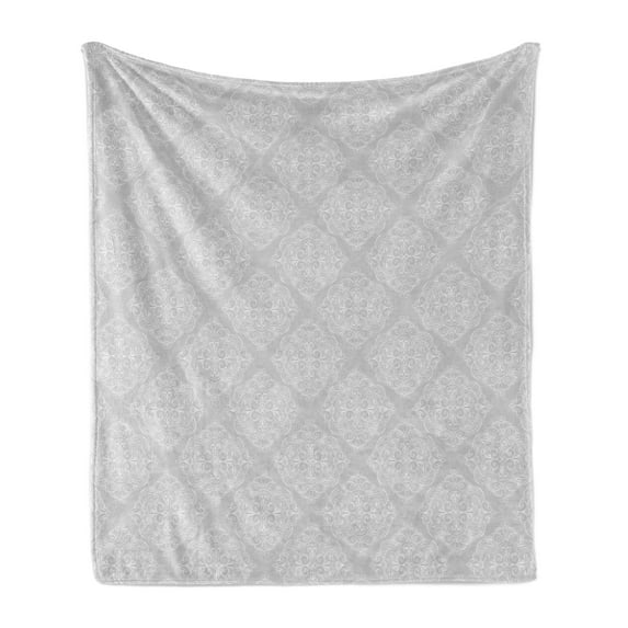 Retro Soft Flannel Fleece Throw Blanket, Oriental Ethnic Vintage Curlicue Floral Ornament Neutral Tones Greyscale, Cozy Plush for Indoor and Outdoor Use, 60" x 80", Pale Grey and White, by Ambesonne