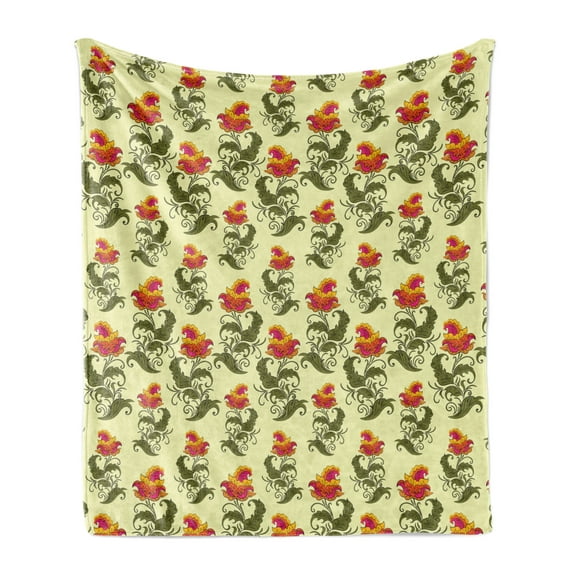 Retro Soft Flannel Fleece Throw Blanket, Oriental Style Continuous Pattern with Spring Flowers Repetition, Cozy Plush for Indoor and Outdoor Use, 50" x 70", Pastel Green and Multicolor, by Ambesonne
