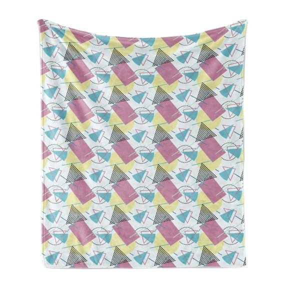 Retro Soft Flannel Fleece Throw Blanket, Pastel Colored Funky Geometrical Shapes from Eighties and Nineties Memphis Style, Cozy Plush for Indoor and Outdoor Use, 70" x 90", Multicolor, by Ambesonne