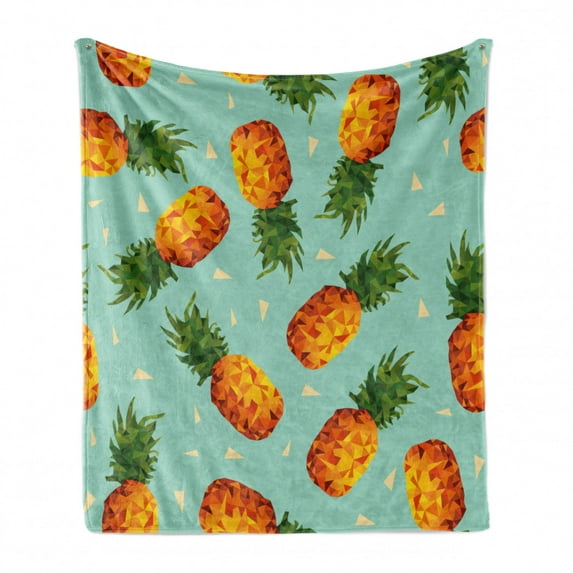 Retro Soft Flannel Fleece Throw Blanket, Poly Style Pineapples Motif Vintage Beach Summer Modern Illustration, Cozy Plush for Indoor and Outdoor Use, 60" x 80", Olive Green Seafoam, by Ambesonne