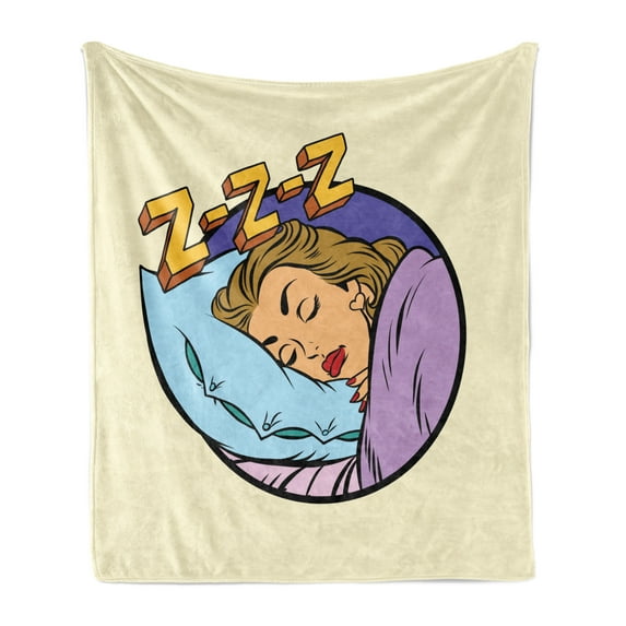 Retro Soft Flannel Fleece Throw Blanket, Pop Art Comic Illustration of Beauty Sleeping Woman Bedtime Zzz with Comfy Pillow, Cozy Plush for Indoor and Outdoor Use, 50" x 60", Multicolor, by Ambesonne