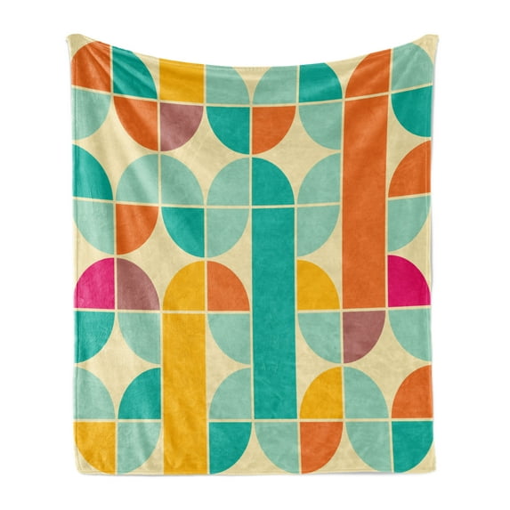 Retro Soft Flannel Fleece Throw Blanket, Pop Art Funky Unusual Geometric Forms Mosaic Style Old Fashioned Graphic, Cozy Plush for Indoor and Outdoor Use, 70" x 90", Multicolor, by Ambesonne