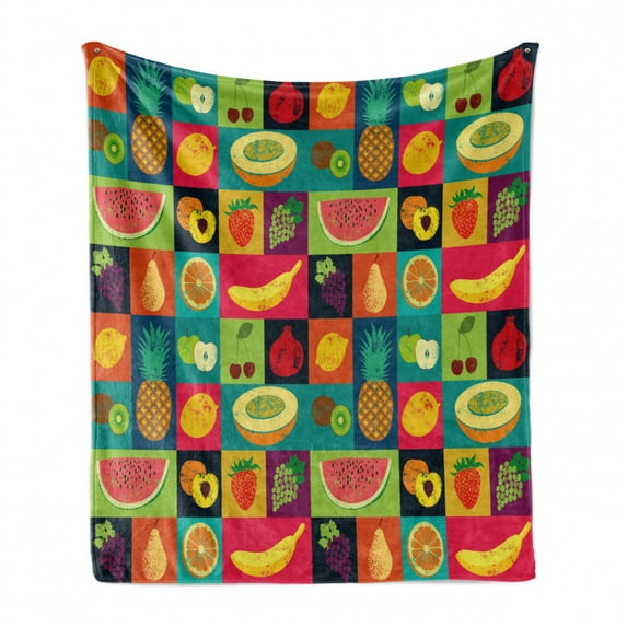 Retro Soft Flannel Fleece Throw Blanket, Pop Art Grunge Style Fruits Colorful Vintage Set Organic Style Food Vegan Pattern, Cozy Plush for Indoor and Outdoor Use, 50" x 70", Multicolor, by Ambesonne
