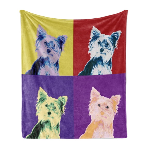 Retro Soft Flannel Fleece Throw Blanket, Pop Art Style Composition with Colorful Dog Portrait Vintage Style Nineties Design, Cozy Plush for Indoor and Outdoor Use, 60" x 80", Multicolor, by Ambesonne