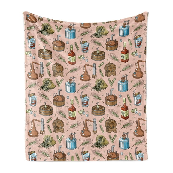 Retro Soft Flannel Fleece Throw Blanket, Repetitive Alcoholic Beverage Pattern of Whiskey Bourbon in Glass and Bottle, Cozy Plush for Indoor and Outdoor Use, 50" x 60", Blush Multicolor, by Ambesonne
