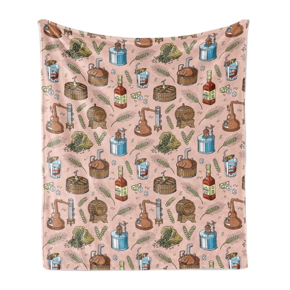 Retro Soft Flannel Fleece Throw Blanket, Repetitive Alcoholic Beverage Pattern of Whiskey Bourbon in Glass and Bottle, Cozy Plush for Indoor and Outdoor Use, 70" x 90", Blush Multicolor, by Ambesonne