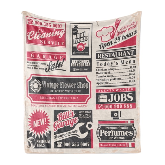 Retro Soft Flannel Fleece Throw Blanket, Retro Newspaper Magazine Design Outdated Layout Different Topics Title, Cozy Plush for Indoor and Outdoor Use, 60" x 80", Pink Beige Grey Teal, by Ambesonne