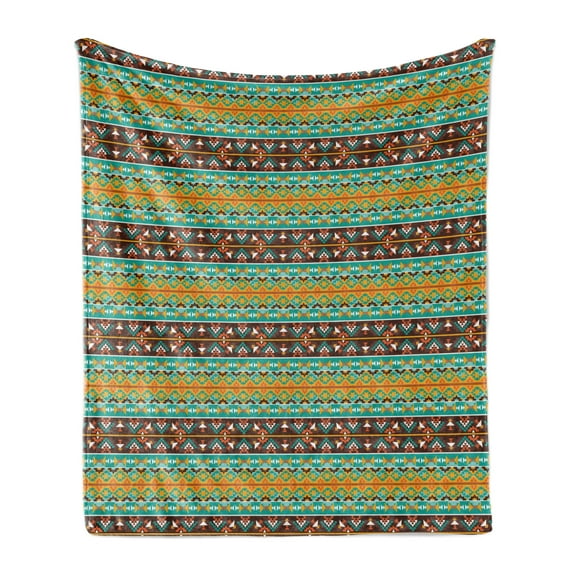 Retro Soft Flannel Fleece Throw Blanket, Retro Style Tribal Aztec Motif Pattern with Geometric Details, Cozy Plush for Indoor and Outdoor Use, 60" x 80", Brown Marigold Turquoise, by Ambesonne