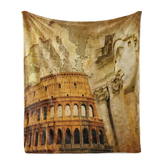 Retro Soft Flannel Fleece Throw Blanket, Roman Empire Concept Famous Columns Sculptress Colosseum Map of the Nation Print, Cozy Plush for Indoor and Outdoor Use, 50" x 60", Orange Brown, by Ambesonne