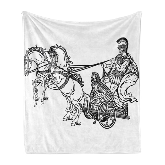 Retro Soft Flannel Fleece Throw Blanket, Roman Warrior in a Chariot Pulled by 2 Horses Historic Carriage Monochrome, Cozy Plush for Indoor and Outdoor Use, 50" x 70", Black White, by Ambesonne