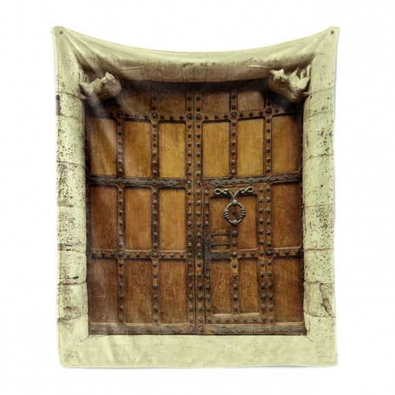 Retro Soft Flannel Fleece Throw Blanket, Rustic Door Design Vintage Composition Architecture Elements, Cozy Plush for Indoor and Outdoor Use, 60" x 80", Cream Pale Brown, by Ambesonne