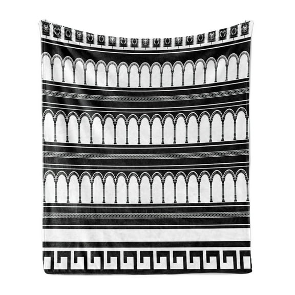 Retro Soft Flannel Fleece Throw Blanket, Stencil Artwork of Fantasy Colosseum Arch Historical Roman Architecture Theme, Cozy Plush for Indoor and Outdoor Use, 50" x 70", Black White, by Ambesonne