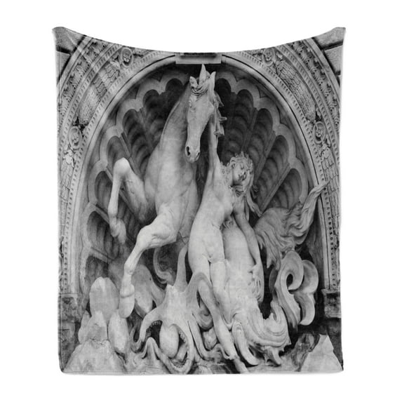 Retro Soft Flannel Fleece Throw Blanket, Struggling Nymph Octopus Seashell Horse in Lunettert Bologna, Cozy Plush for Indoor and Outdoor Use, 50" x 70", Grey, by Ambesonne