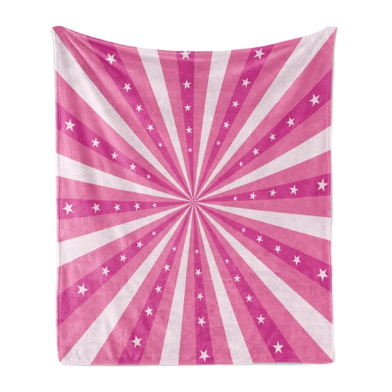 Retro Soft Flannel Fleece Throw Blanket, Retro Style Effect Stripes Bursting out from the Center with Stars, Cozy Plush for Indoor and Outdoor Use, 50" x 70", Hot Pink and Coral, by Ambesonne