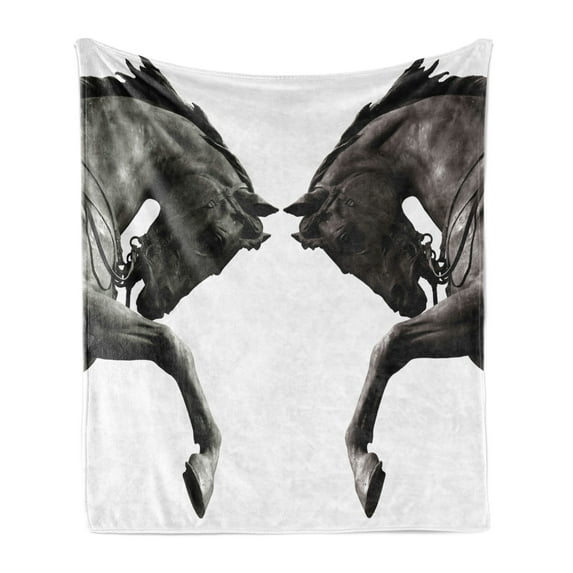 Retro Soft Flannel Fleece Throw Blanket, Twin Contrast Horse Heads Image Vintage Style Abstract Art Antique Theme, Cozy Plush for Indoor and Outdoor Use, 50" x 70", Brown Sage Green, by Ambesonne