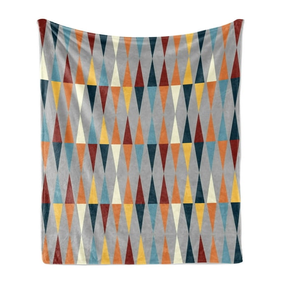 Retro Soft Flannel Fleece Throw Blanket, Vertical Bicolor Long and Thin Diamond Shapes with Triangles Vintage Geometrical, Cozy Plush for Indoor and Outdoor Use, 60" x 80", Multicolor, by Ambesonne