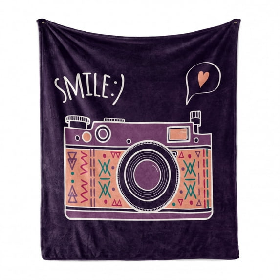 Retro Soft Flannel Fleece Throw Blanket, Vintage Camera Design with Hand Drawn Love Heart Shape Motif and Smile Calligraphy, Cozy Plush for Indoor and Outdoor Use, 50" x 70", Multicolor, by Ambesonne