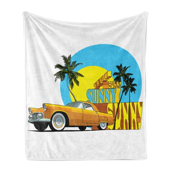 Retro Soft Flannel Fleece Throw Blanket, Vintage Car in Magic City Miami with Exotic Coconut Trees Sunny Day Beach, Cozy Plush for Indoor and Outdoor Use, 50" x 70", Yellow Blue Orange, by Ambesonne