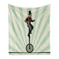 thumbnail image 1 of Retro Soft Flannel Fleece Throw Blanket, Vintage Inspired Circus Man on Monowheel Bike with Sun Rays, Cozy Plush for Indoor and Outdoor Use, 50" x 70", Eggshell Pale Green, by Ambesonne, 1 of 5