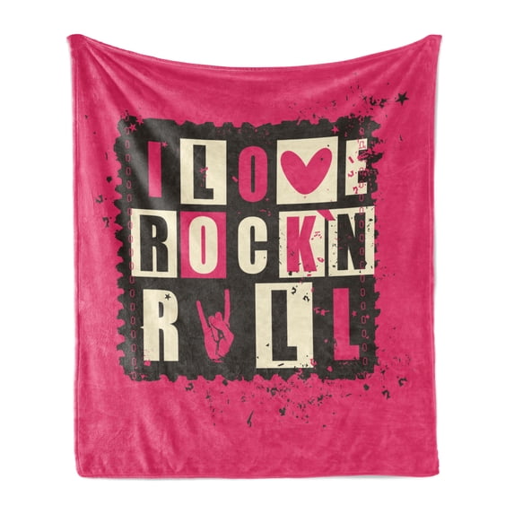 Retro Soft Flannel Fleece Throw Blanket, Vintage Letters I Love Rock n' Roll on Grunge Poster Music Theme Art, Cozy Plush for Indoor and Outdoor Use, 50" x 60", Pink Charcoal Grey Beige, by Ambesonne
