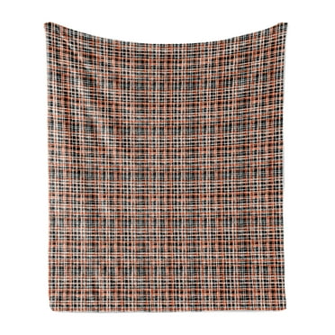 Retro Soft Flannel Fleece Throw Blanket, Vintage Striped Pattern with Brushed Lines Plaid Inspired Geometric Grid, Cozy Plush for Indoor and Outdoor Use, 50" x 60", Black Orange White, by Ambesonne