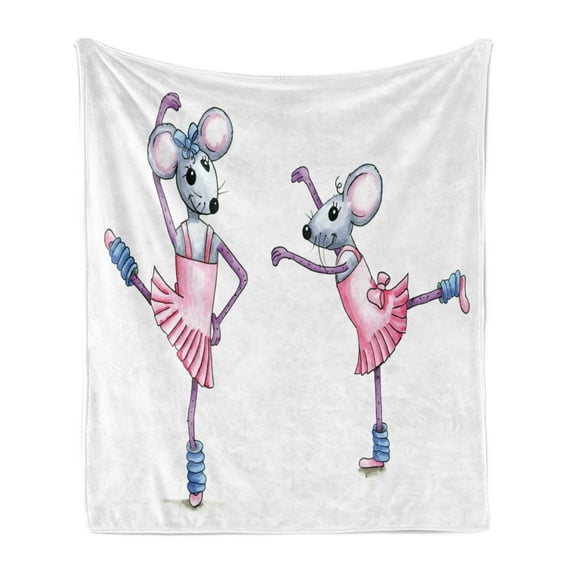Retro Soft Flannel Fleece Throw Blanket, Watercolor Style Illustration Dancing Ballerina Mice with Pink in Pink Dresses, Cozy Plush for Indoor and Outdoor Use, 60" x 80", Multicolor, by Ambesonne