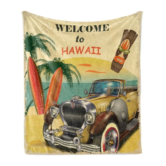 Retro Soft Flannel Fleece Throw Blanket, Welcome to Hawaii American Pop Art Print with Aged Car Palms Tribal Surfboards, Cozy Plush for Indoor and Outdoor Use, 70" x 90", Multicolor, by Ambesonne