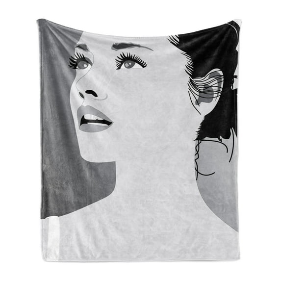 Retro Soft Flannel Fleece Throw Blanket, Young Gentle Woman with Make up Looking in Digital She Graphic Print, Cozy Plush for Indoor and Outdoor Use, 60" x 80", Black Grey, by Ambesonne