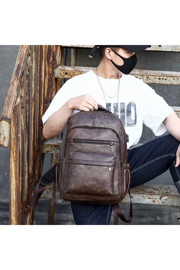 Retro Soft Leather Men's Backpack Fashion Business Travel Computer Bag,Dark Brown